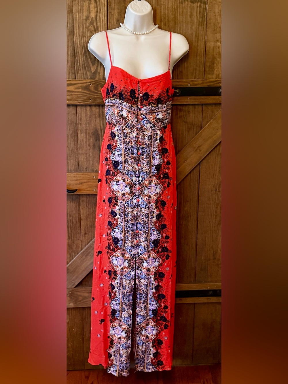 Free People Intimately Red Maxi Dress with Intricate Center Print